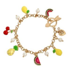 NEW Betsey Johnson Mixed Fruit Charm Bracelet Gold Pearl Y2K Cherry Lemon Sunmer